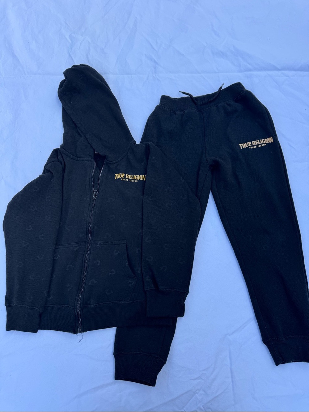 True Religion Boys Hoodie Jogger Set Size 8 Black Gold Logo 2 Piece Tracksuit